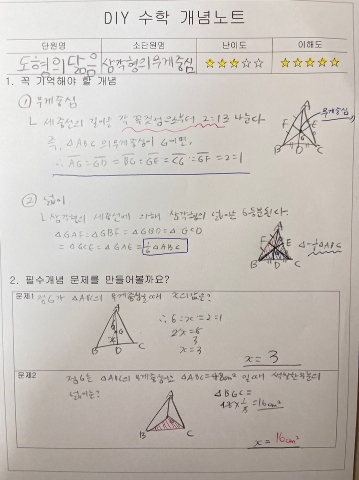 은평점 DIY 수학 개념노트 — 삼각형의 무게중심 단원을 손글씨로 정리하고 난이도·이해도를 별점으로 표시한 노트