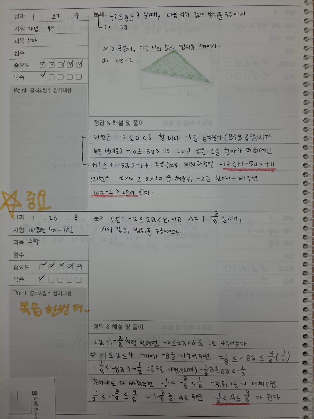 은평점 수학 복습 노트 — 날짜·과목·중요도·복습 체크 칸과 정답 및 해설 풀이가 정리된 페이지